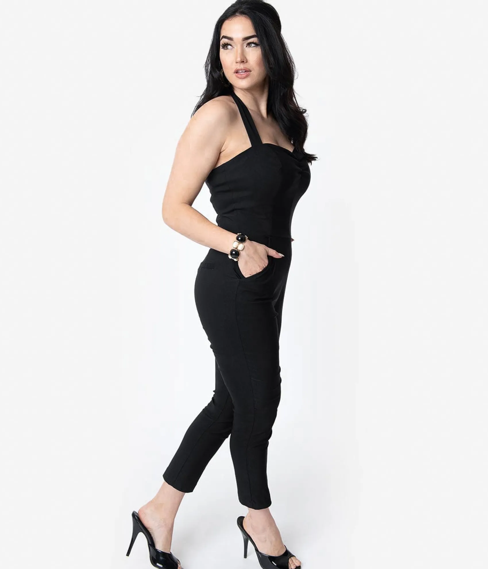 Unique Vintage 1950s Black Halter Marcel Jumpsuit