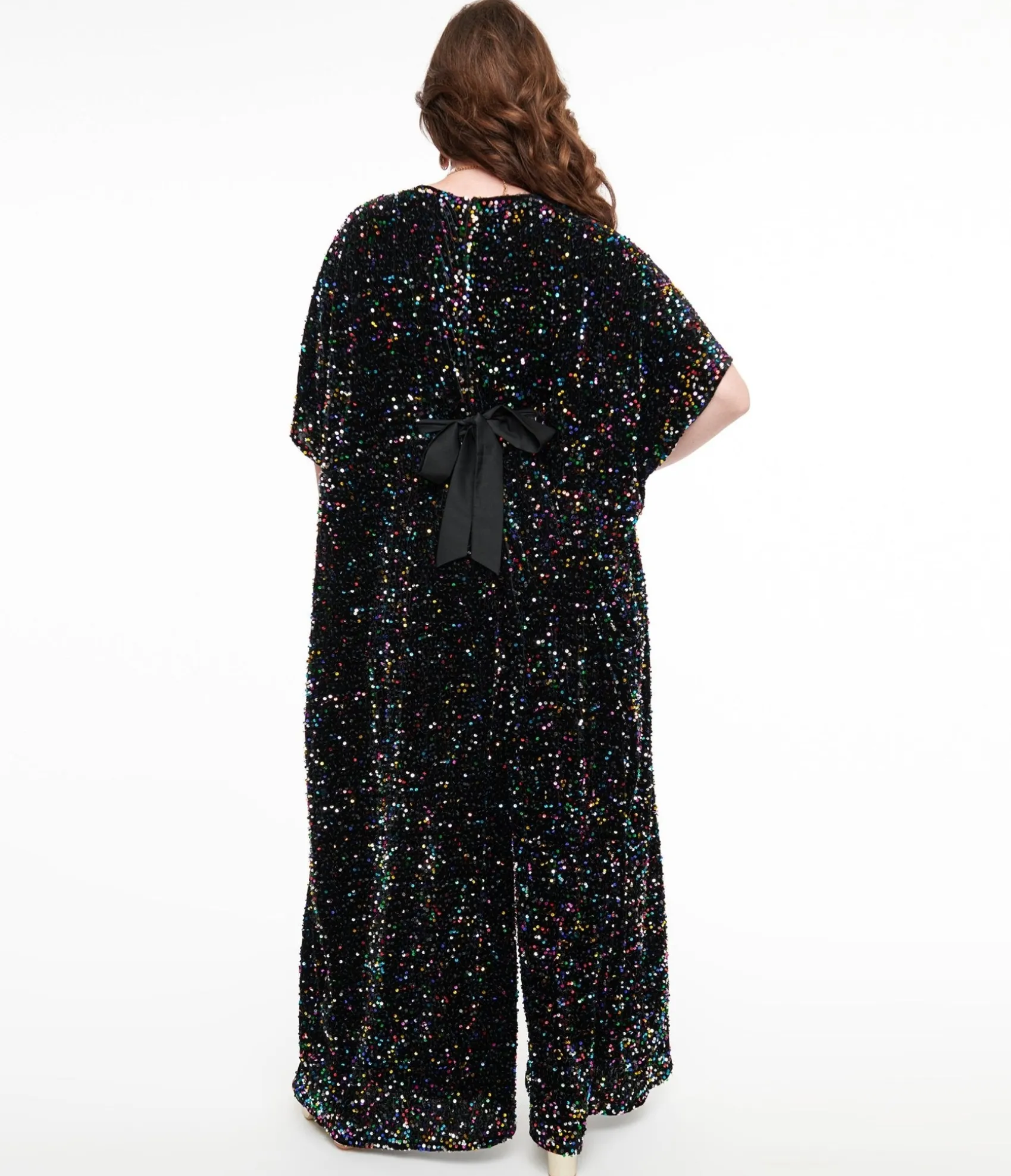 Unique Vintage 1970s Black Iridescent Sequin Caftan Jumpsuit