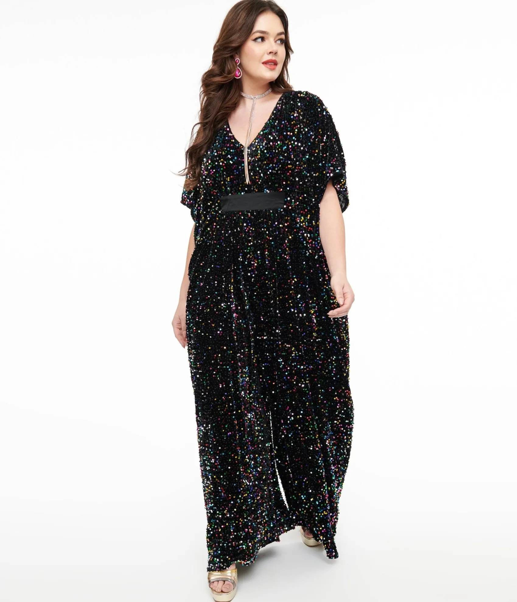 Unique Vintage 1970s Black Iridescent Sequin Caftan Jumpsuit