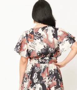 Unique Vintage 1960s Black Jungle Cat Print Dottie Crop Top