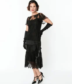 Unique Vintage 1920s Black Lace & Bow Flapper Dress