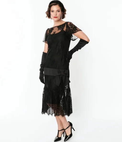 Unique Vintage 1920s Black Lace & Bow Flapper Dress