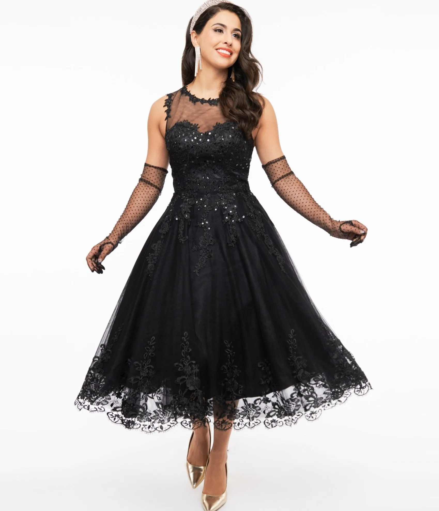 Unique Vintage 1950s Black Lace & Tulle Riviera Dress