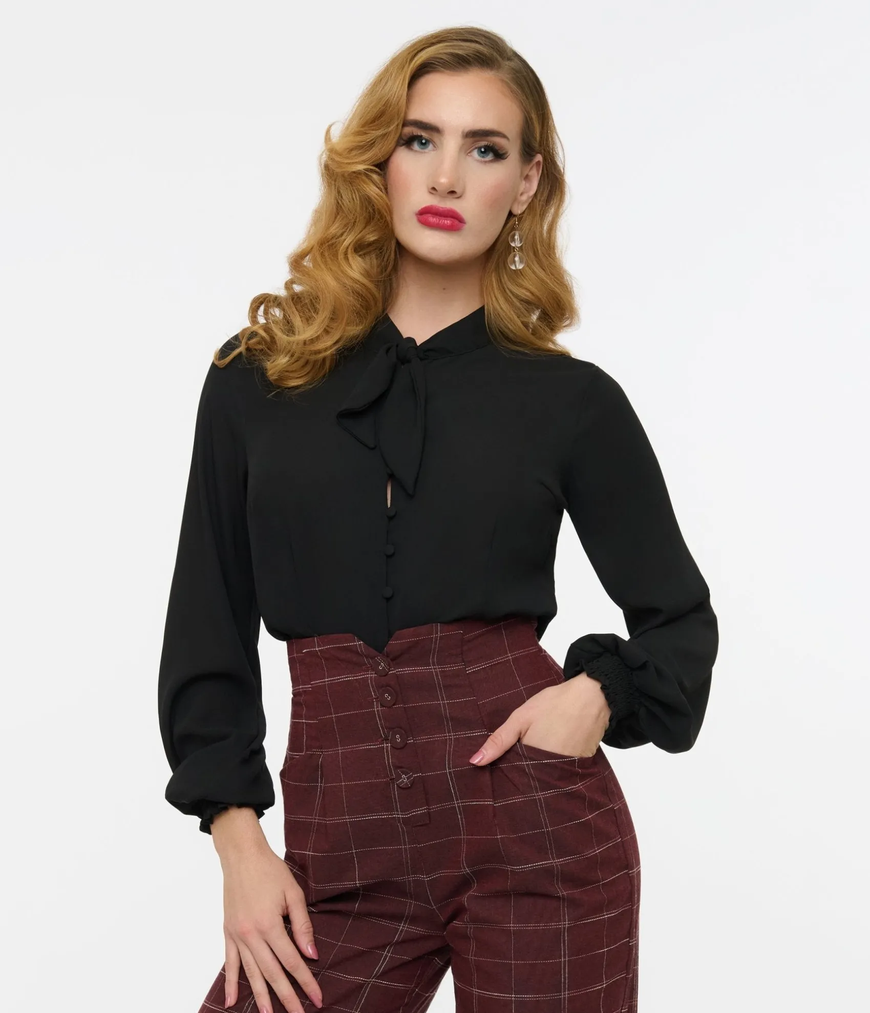 Unique Vintage 1940s Black Neck Tie Blouse