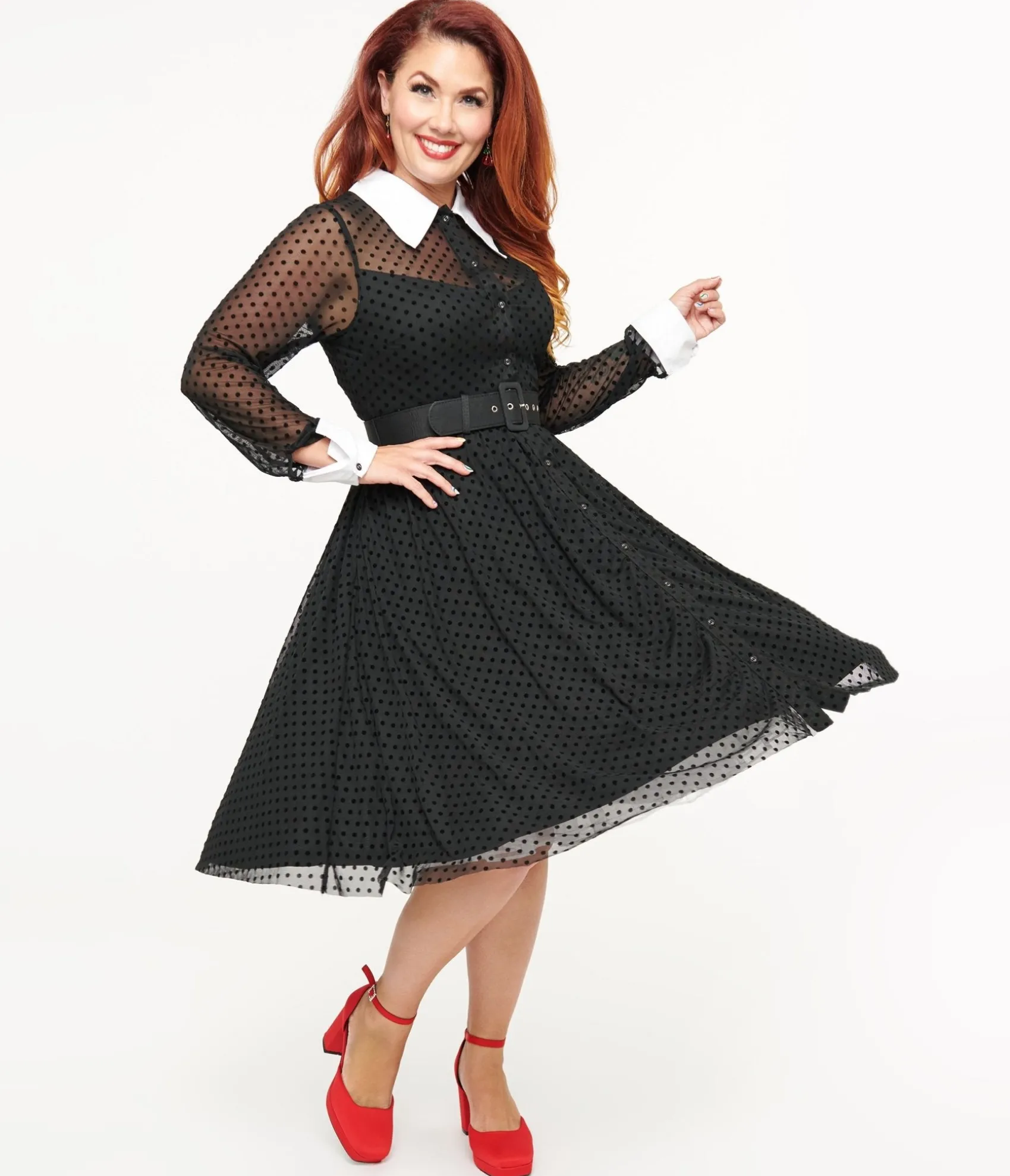 Unique Vintage 1950s Black Polka Dot Tulle Swing Dress