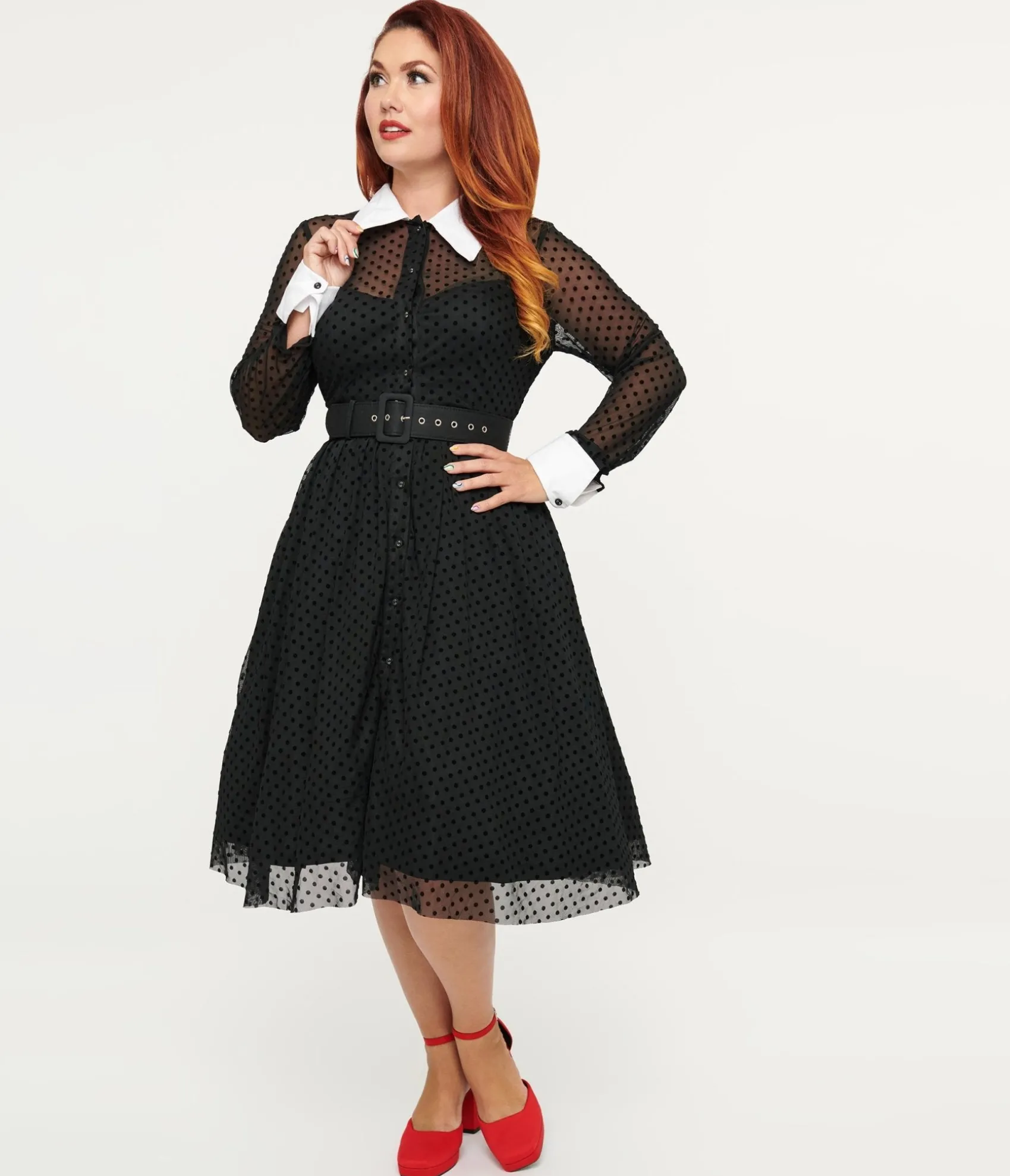 Unique Vintage 1950s Black Polka Dot Tulle Swing Dress