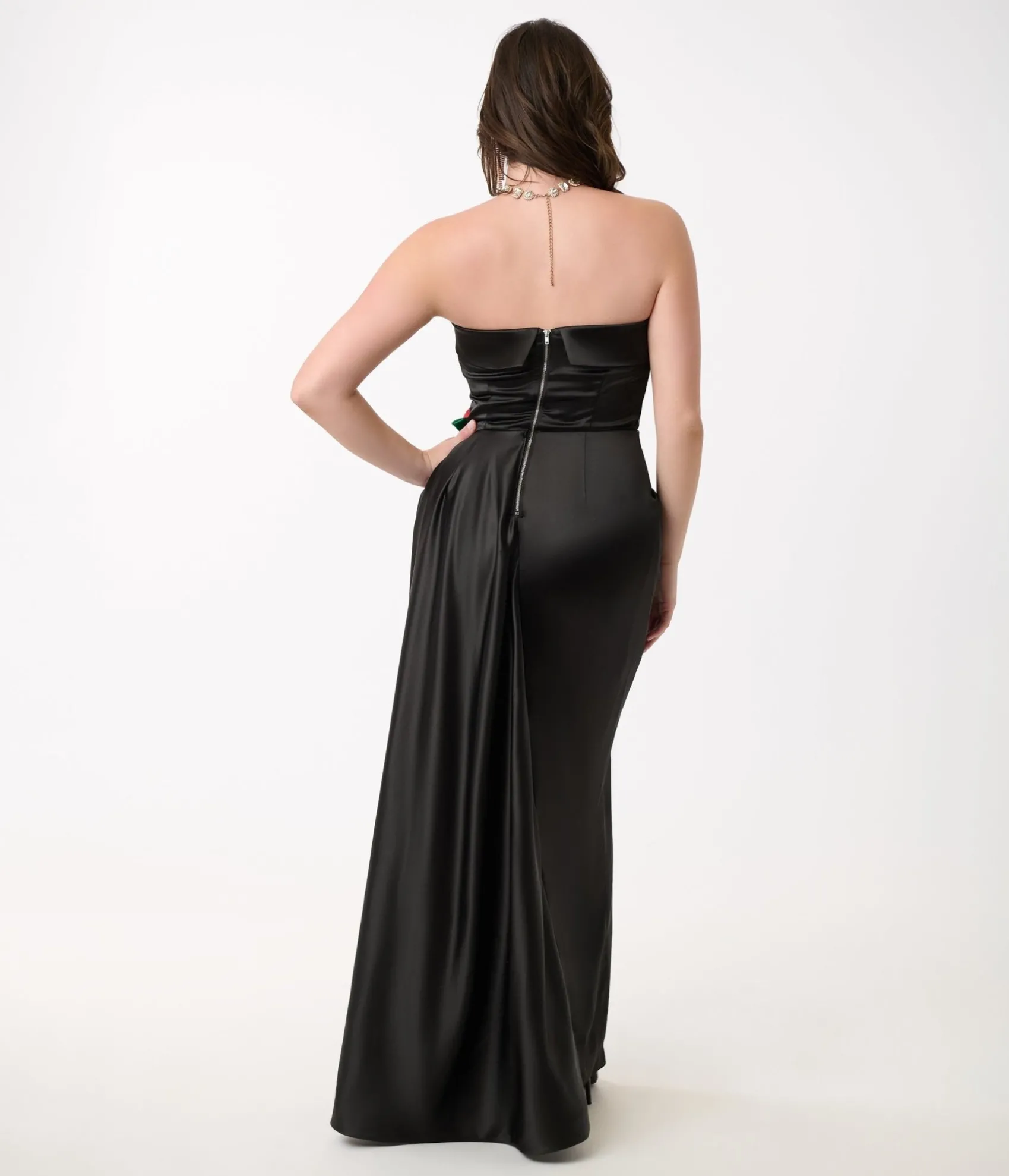 Unique Vintage 1950s Black Satin Strapless Enchanted Evening Gown