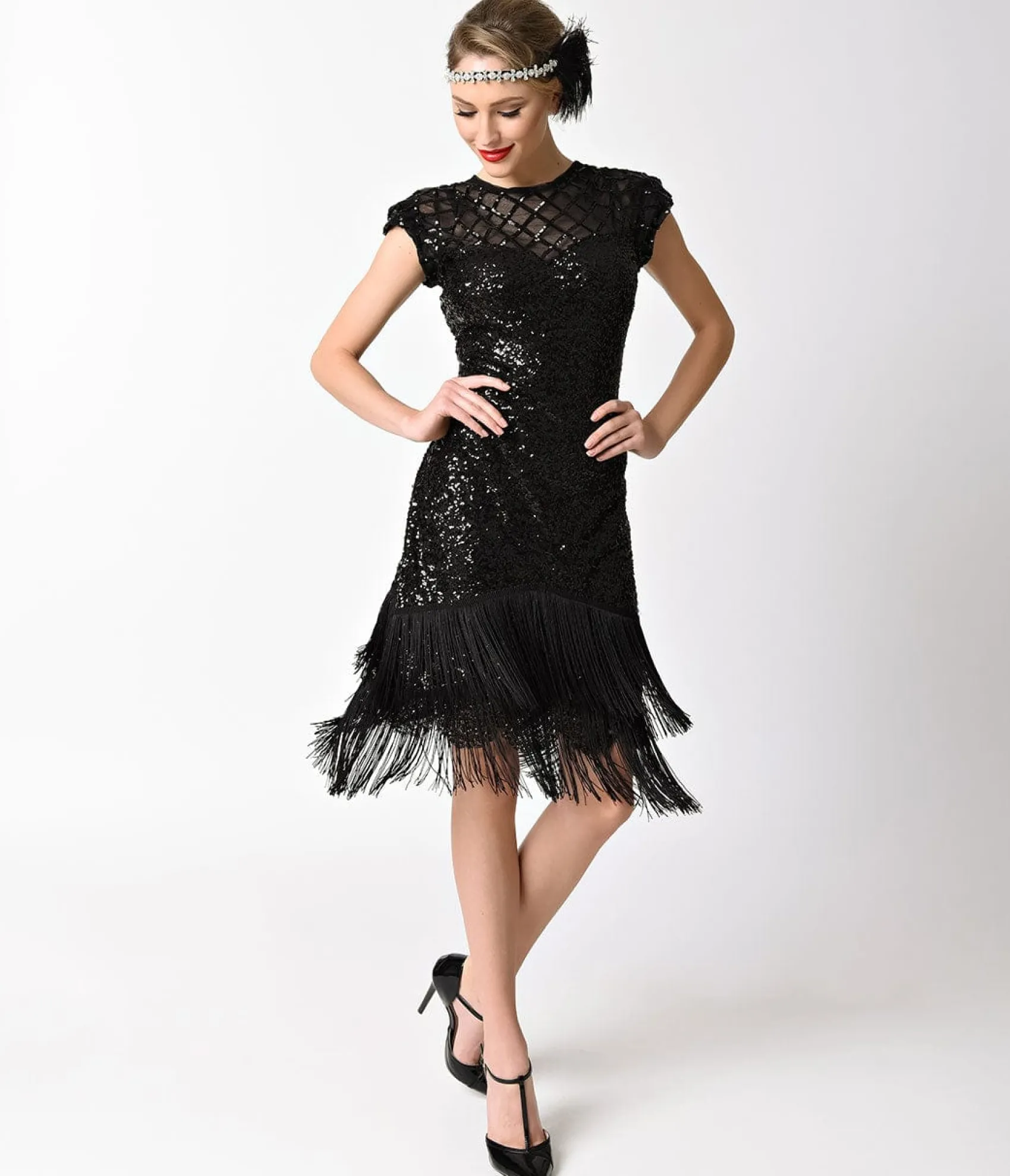 Unique Vintage 1920s Black Sequin Fringe Del Mar Flapper Dress