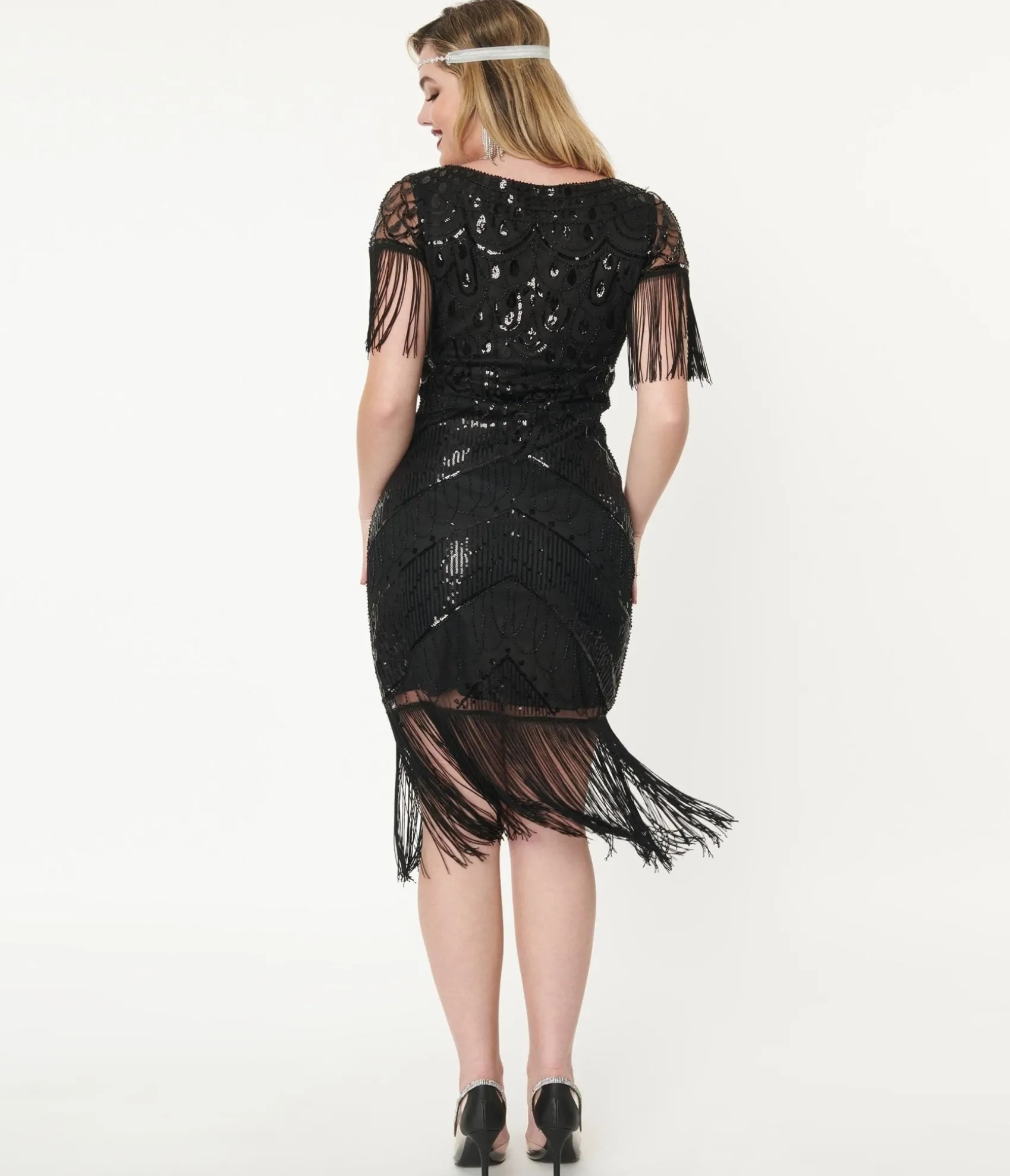 Unique Vintage 1920s Black Sequin Sleeved Laure Flapper Dress