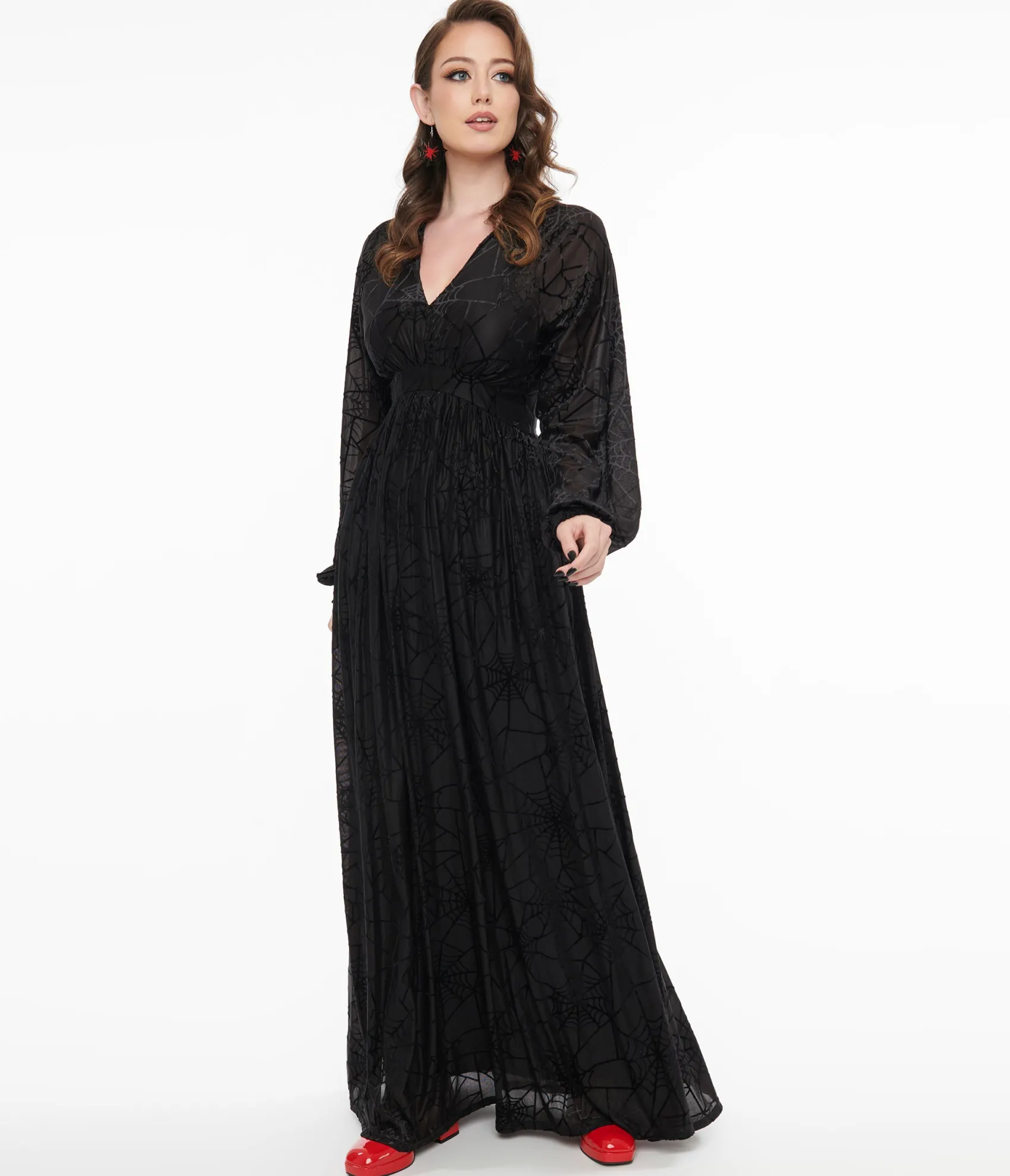 Unique Vintage 1970s Black Spiderweb Maxi Dress