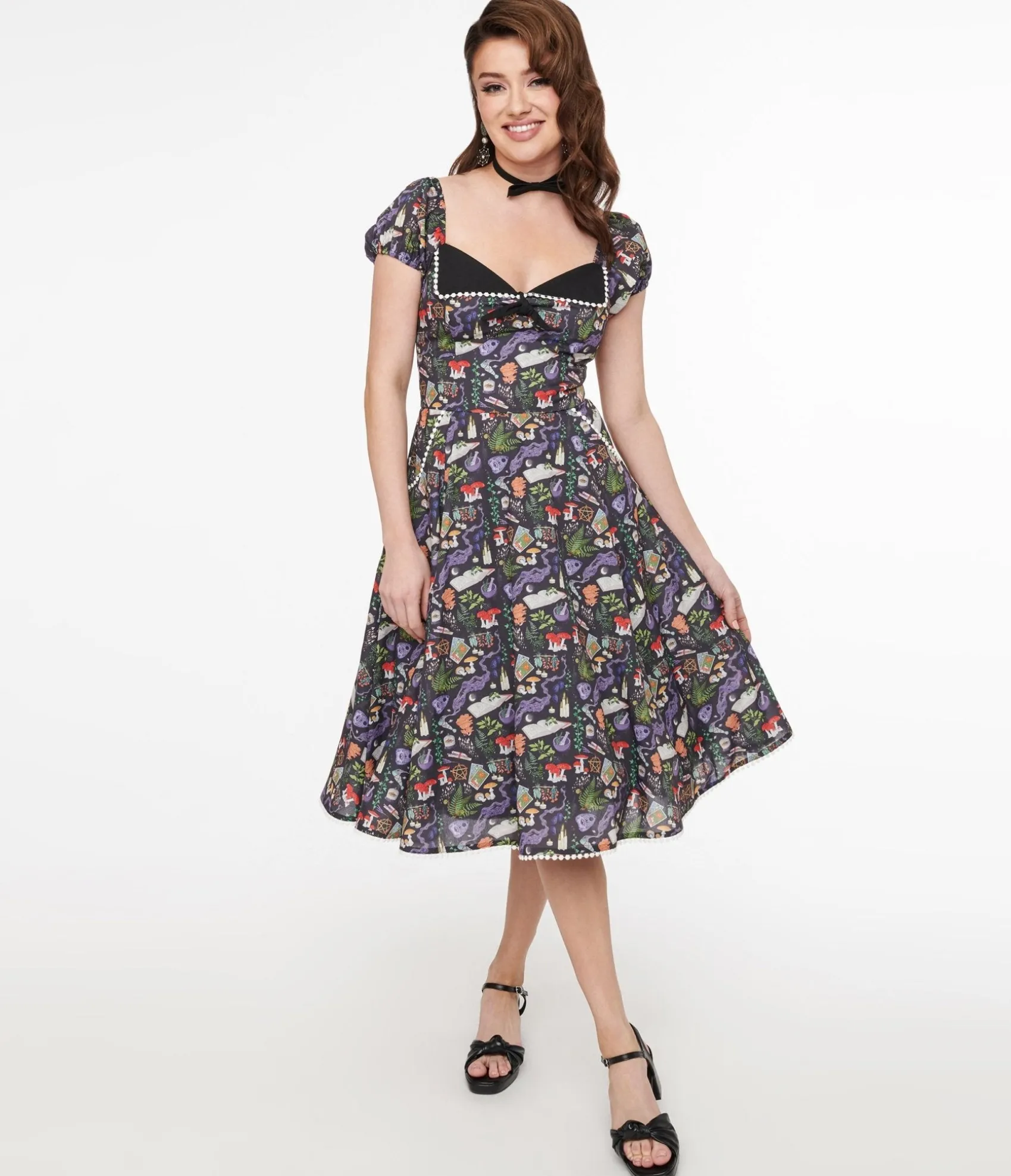 Unique Vintage 1950s Black Spellbinding Print Swing Dress
