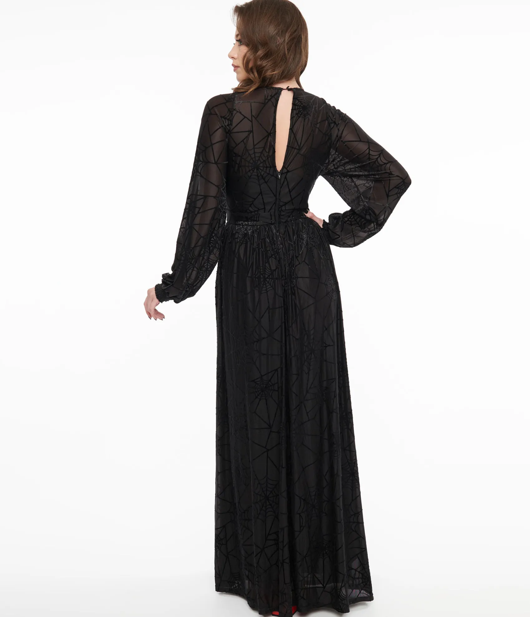 Unique Vintage 1970s Black Spiderweb Maxi Dress