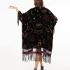 Unique Vintage 1920s Black Velvet Burnout Mystical Icons Fringe Kimono