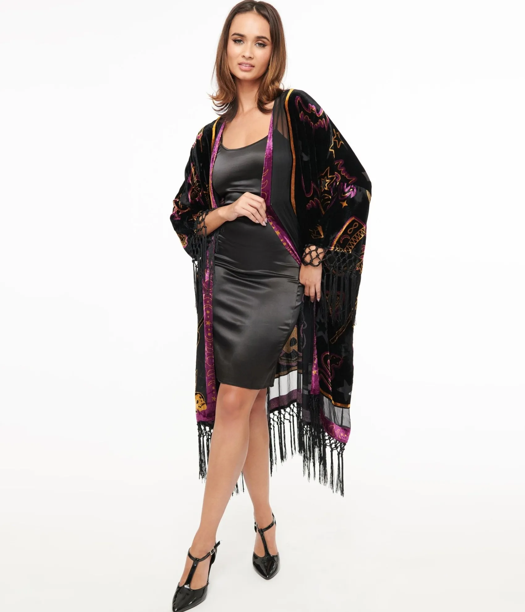 Unique Vintage 1920s Black Velvet Burnout Mystical Icons Fringe Kimono