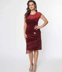 Unique Vintage 1920s Burgundy Velvet Fringe Flapper Dress