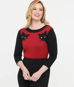 Unique Vintage 1950s Burgundy & Black Cat Sleeve Minou Sweater