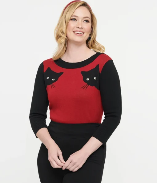 Unique Vintage 1950s Burgundy & Black Cat Sleeve Minou Sweater