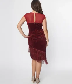 Unique Vintage 1920s Burgundy Velvet Fringe Flapper Dress