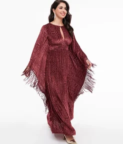 Unique Vintage 1960s Burgundy Velvet Burnout Caftan