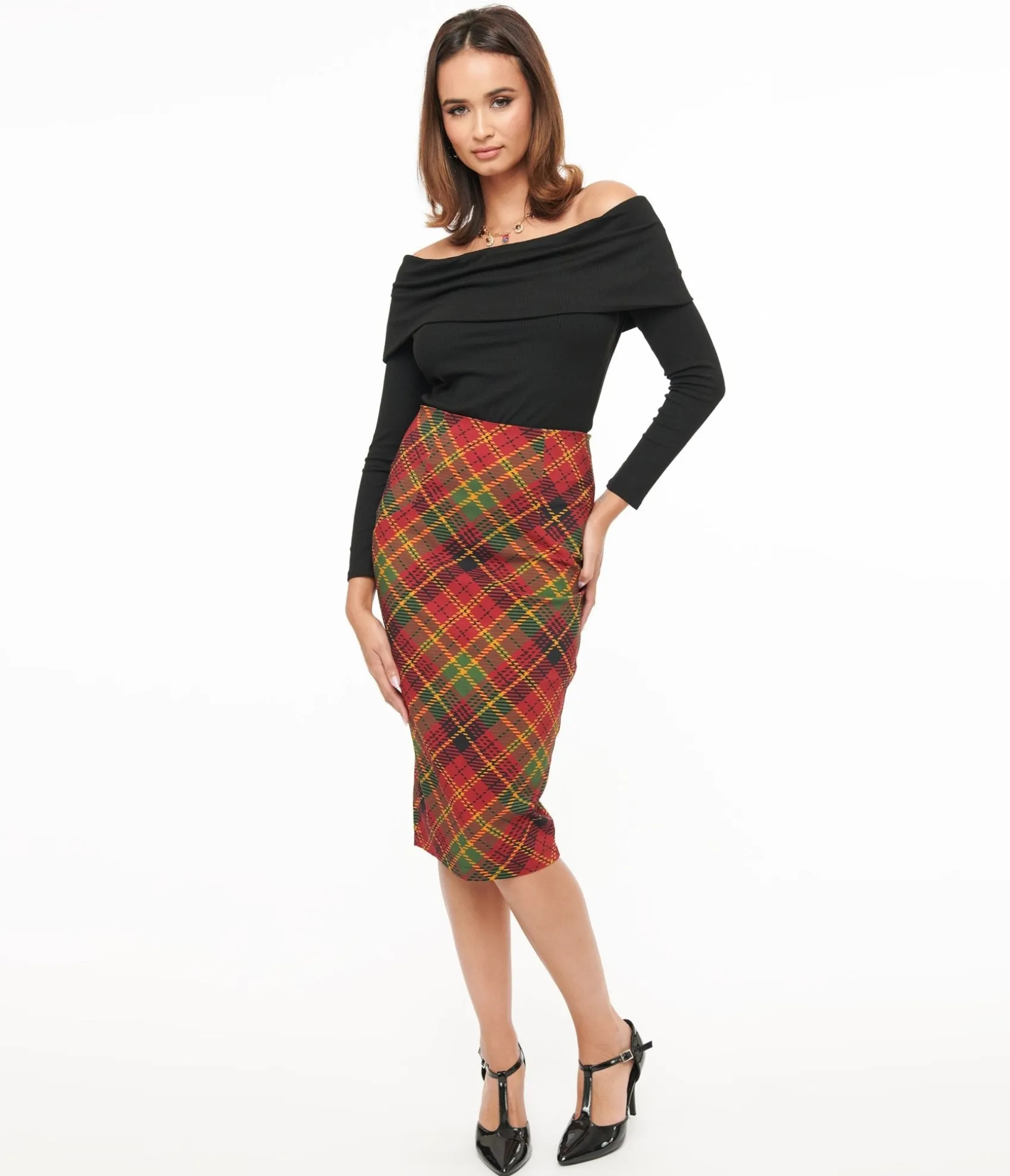 Unique Vintage 1950s Burnt Orange & Green Plaid Tracy Pencil Skirt