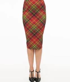 Unique Vintage 1950s Burnt Orange & Green Plaid Tracy Pencil Skirt