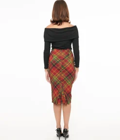 Unique Vintage 1950s Burnt Orange & Green Plaid Tracy Pencil Skirt