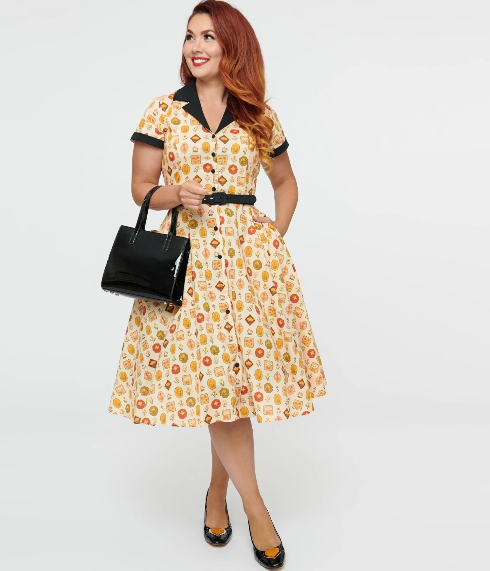 Unique Vintage 1950s Cream Floral Alexis Swing Dress