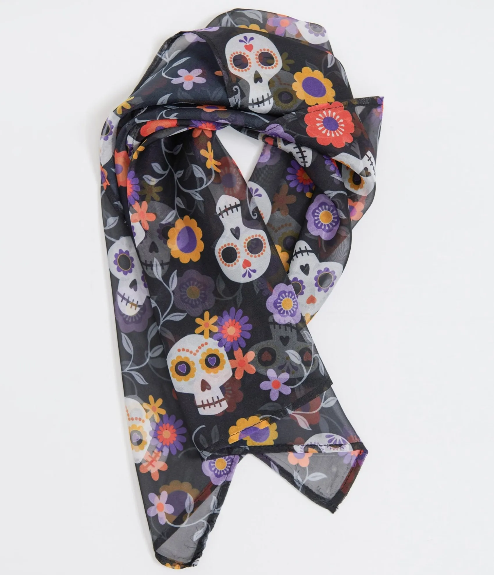 Unique Vintage 1950s Dia De Los Muertos Sugar Skull Print Hair Scarf