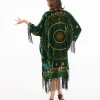 Unique Vintage 1930s Emerald & Gold Zodiac Burnout Velvet Fringe Kimono