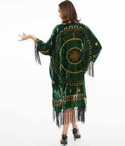 Unique Vintage 1930s Emerald & Gold Zodiac Burnout Velvet Fringe Kimono