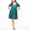 Unique Vintage 1950s Emerald & Cherry Print Poppy Flare Dress