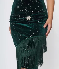 Unique Vintage 1920s Emerald Green Velvet Fringe Flapper Dress