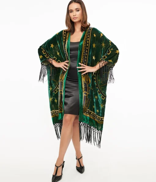 Unique Vintage 1930s Emerald & Gold Zodiac Burnout Velvet Fringe Kimono