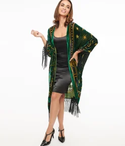 Unique Vintage 1930s Emerald & Gold Zodiac Burnout Velvet Fringe Kimono