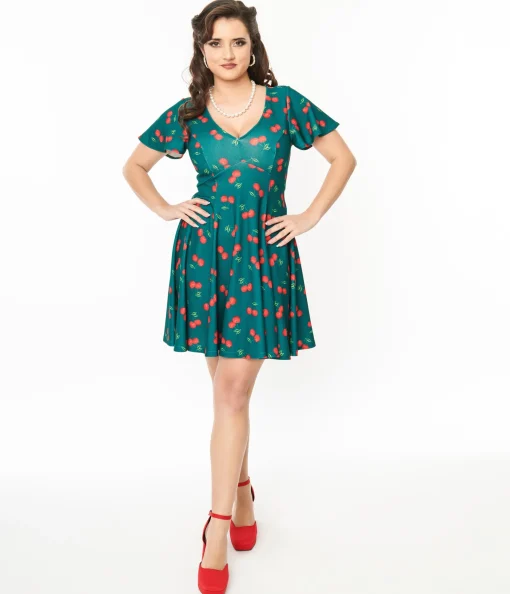 Unique Vintage 1950s Emerald & Cherry Print Poppy Flare Dress