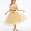 Unique Vintage 1950s Gold Glitter Tulle Cupcake Swing Dress