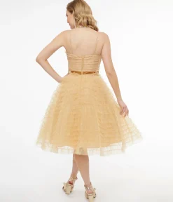 Unique Vintage 1950s Gold Glitter Tulle Cupcake Swing Dress