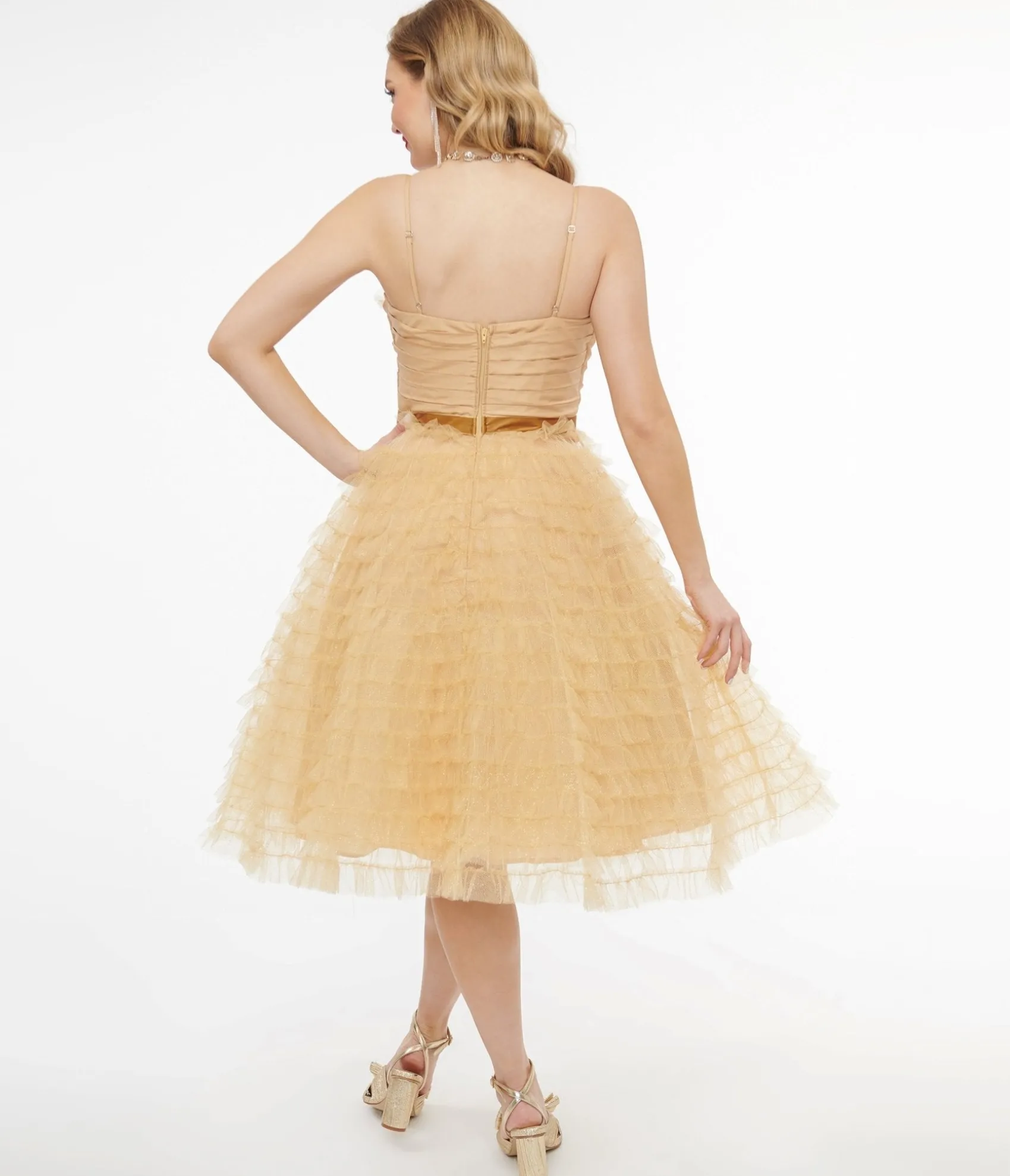 Unique Vintage 1950s Gold Glitter Tulle Cupcake Swing Dress