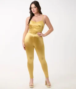 Unique Vintage 1970s Gold Spandex Belted Jumpsuit