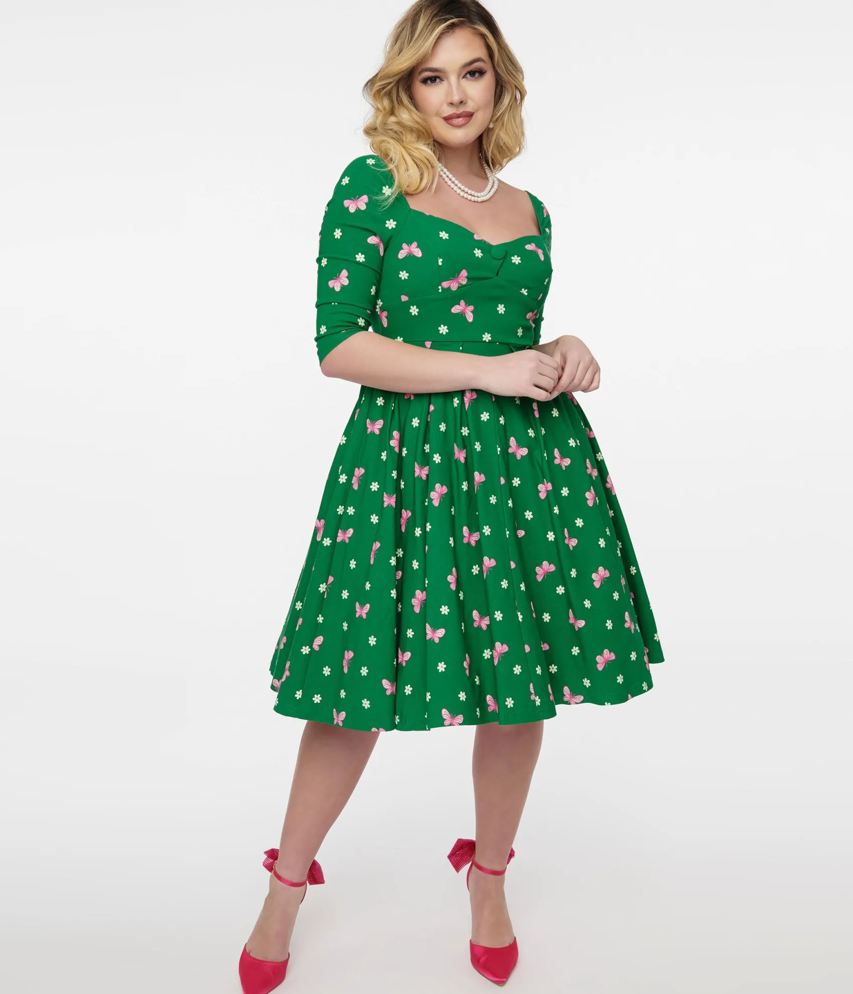 Unique Vintage 1950s Green & Butterfly Stamp Print Lamar Swing Dress