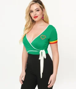 Unique Vintage 1970s Green & Rainbow Heart Surplice Bodysuit