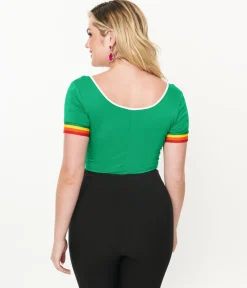 Unique Vintage 1970s Green & Rainbow Heart Surplice Bodysuit