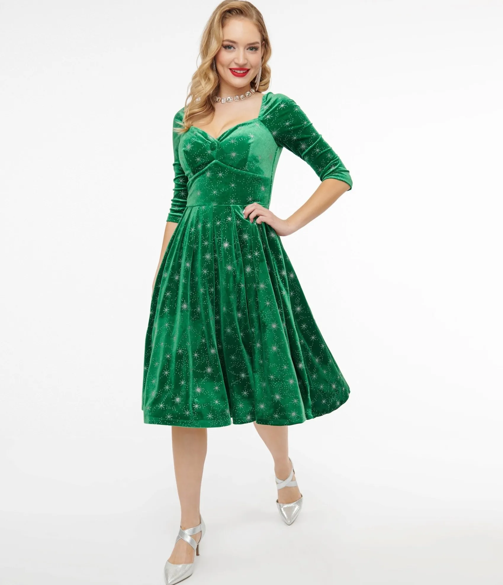 Unique Vintage 1950s Green & Silver Snowflake Velvet Lamar Swing Dress