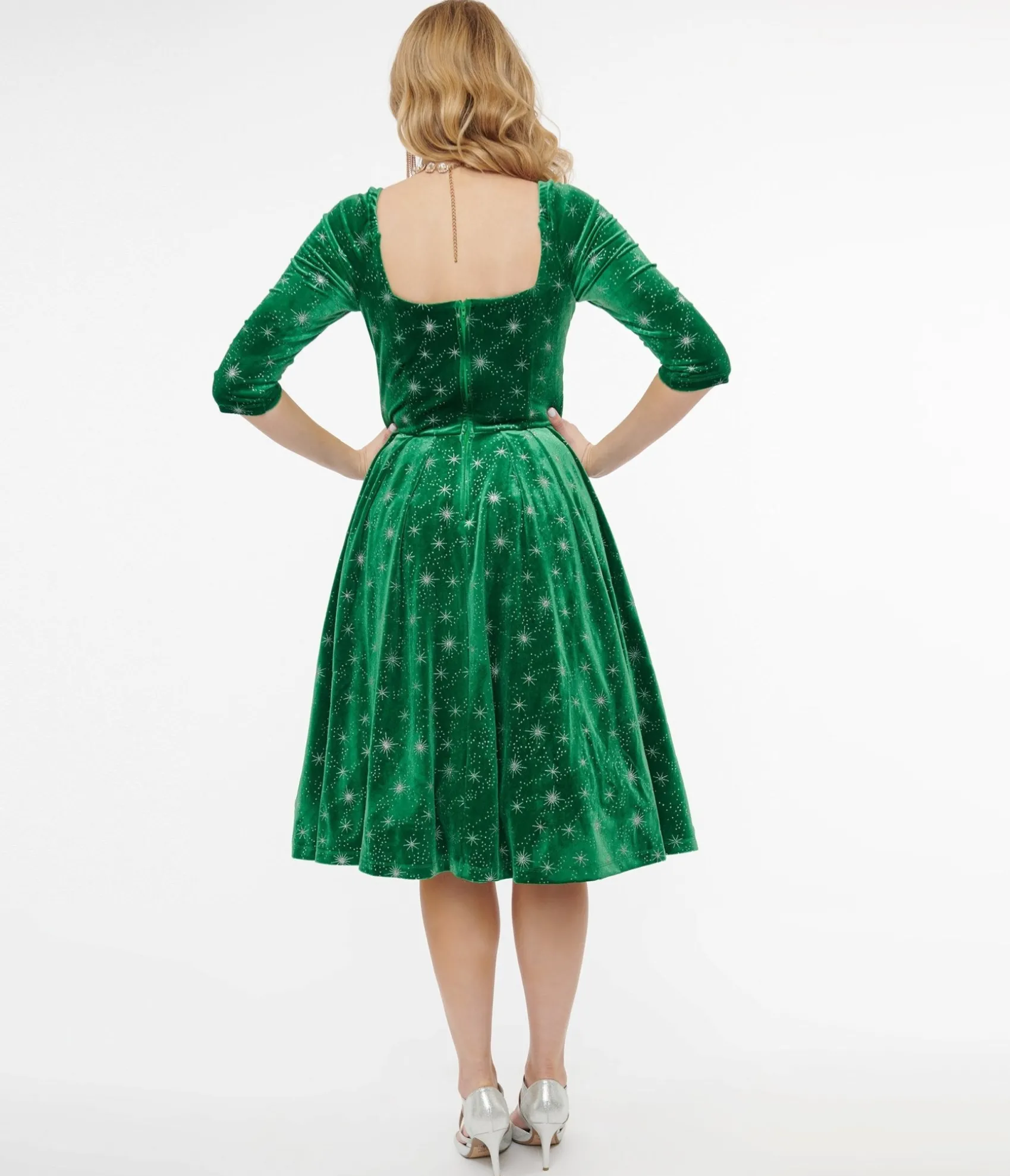 Unique Vintage 1950s Green & Silver Snowflake Velvet Lamar Swing Dress