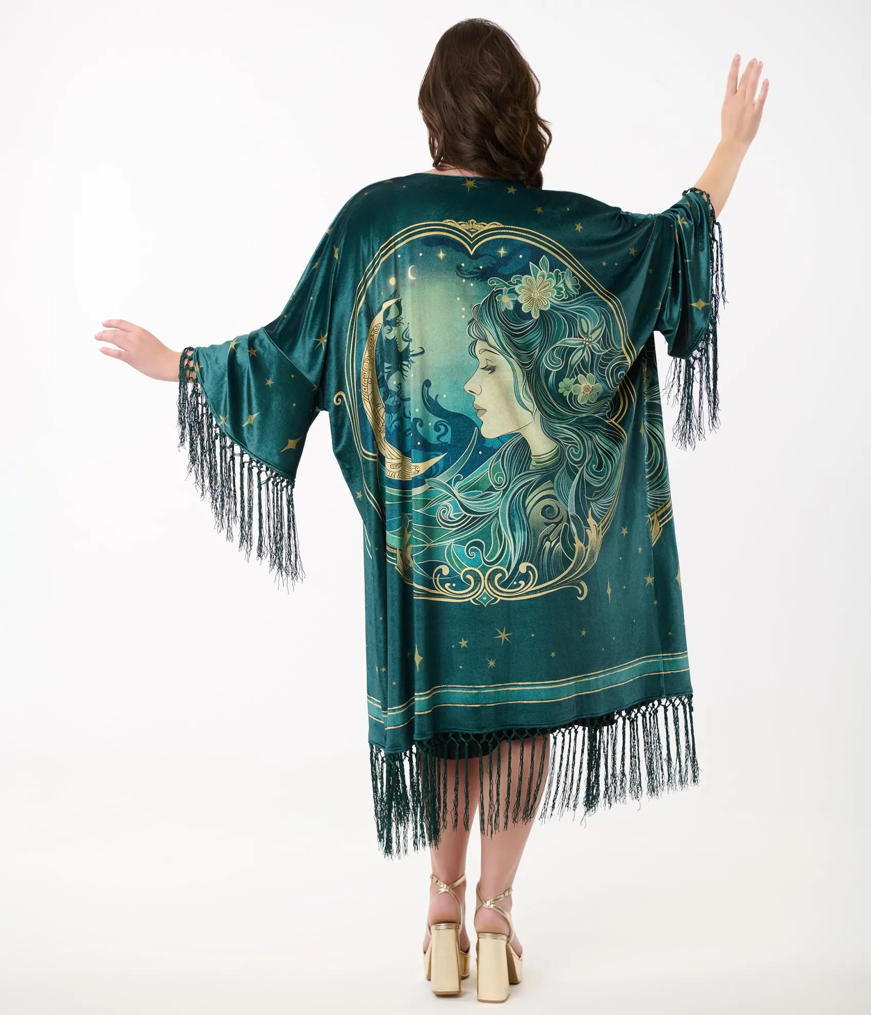 Unique Vintage 1930s Green Art Nouveau Fringe Kimono