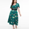 Unique Vintage 1940s Green Butterfly Print Midi Dress