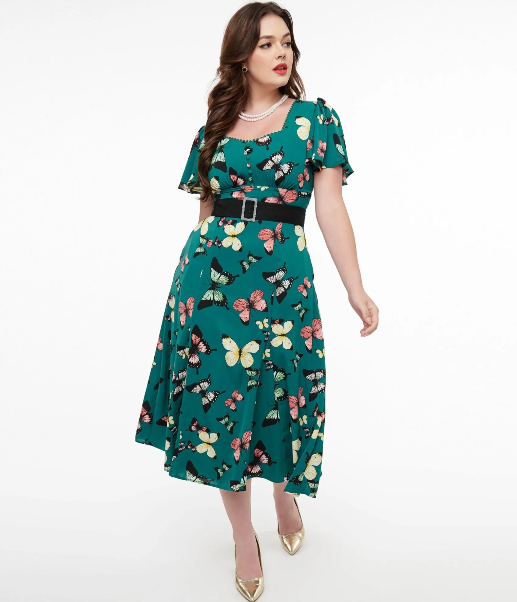 Unique Vintage 1940s Green Butterfly Print Midi Dress