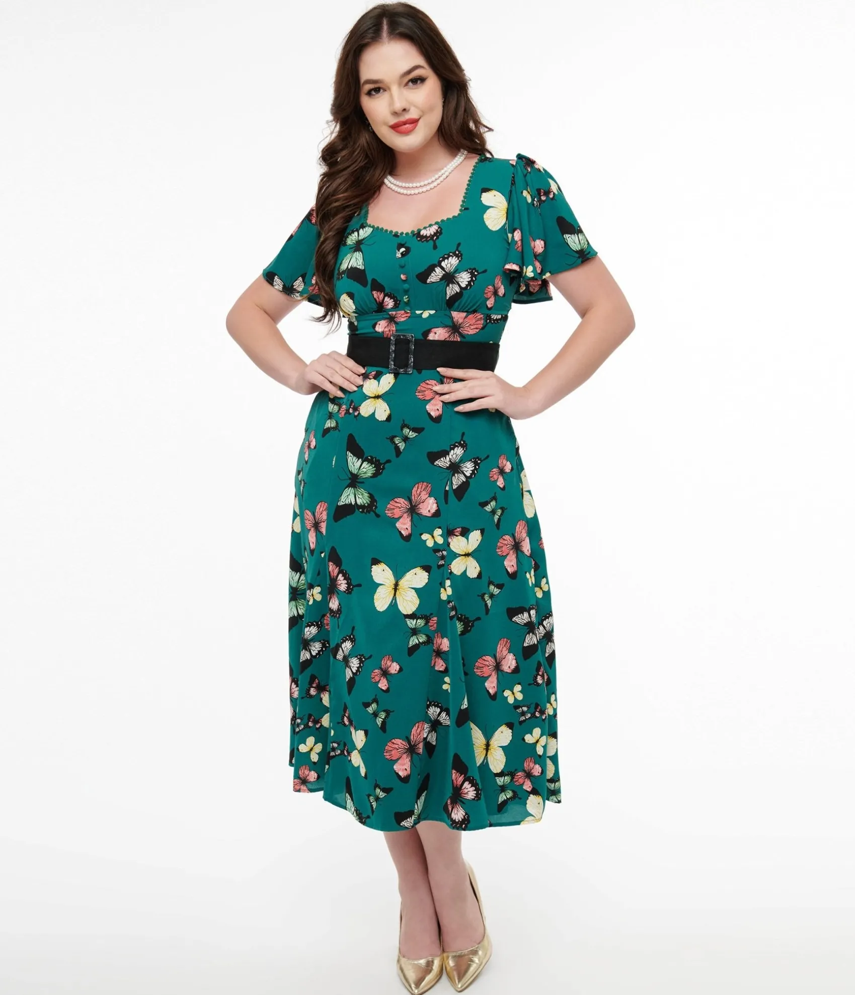 Unique Vintage 1940s Green Butterfly Print Midi Dress