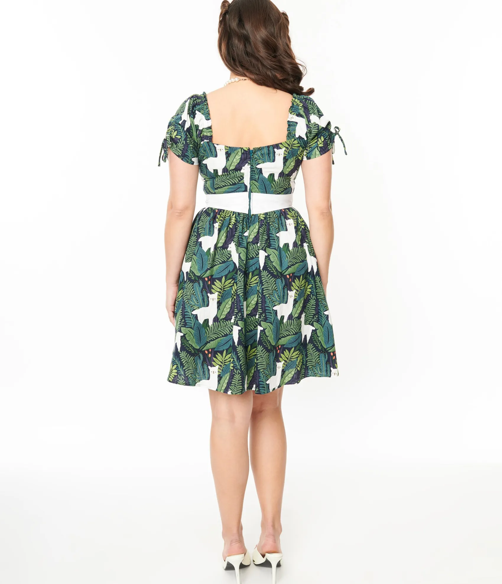 Unique Vintage 1950s Green Leaf & Llama Print Cotton Dakota Flare Dress