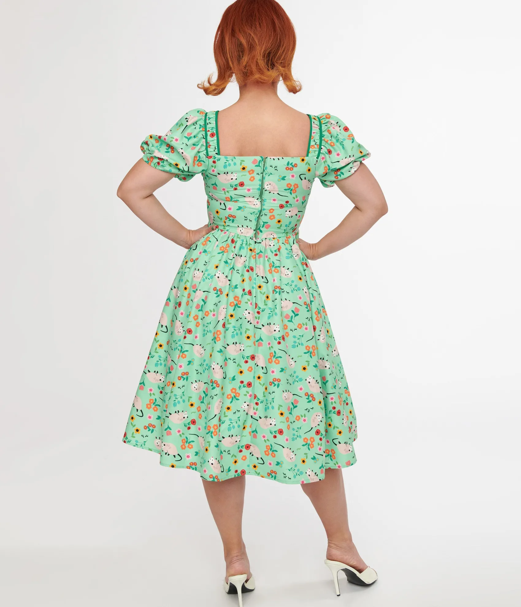 Unique Vintage 1940s Green Possum Print Button Front Dress